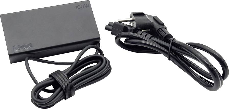 Un adaptateur secteur noir avec l'étiquette '100W' et deux câbles noirs, l'un avec une prise européenne.