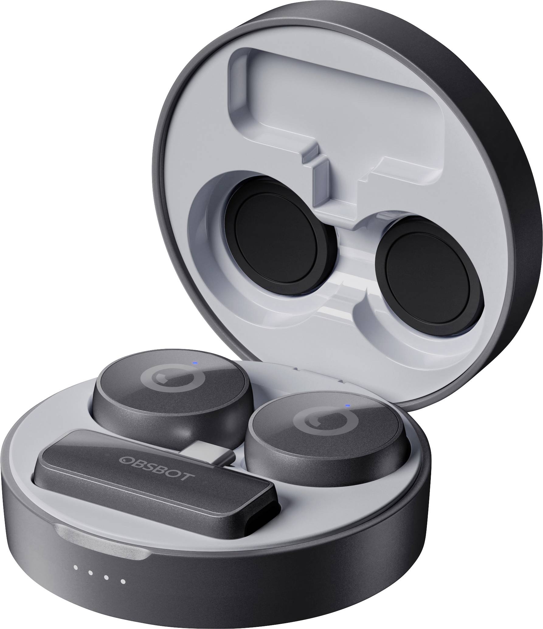 Écouteurs compacts noirs avec étui de charge ouvert, présentant deux écouteurs et une petite clé USB à l'intérieur.