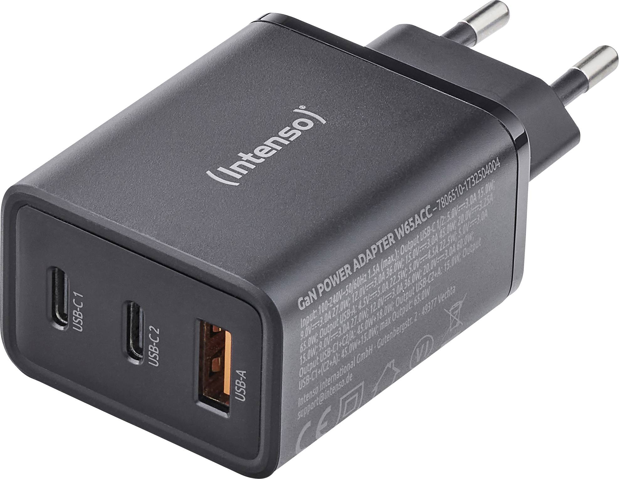 Adaptateur de charge GaN 'Intenso' avec deux ports USB-C et un port USB-A, conçu pour un chargement efficace.