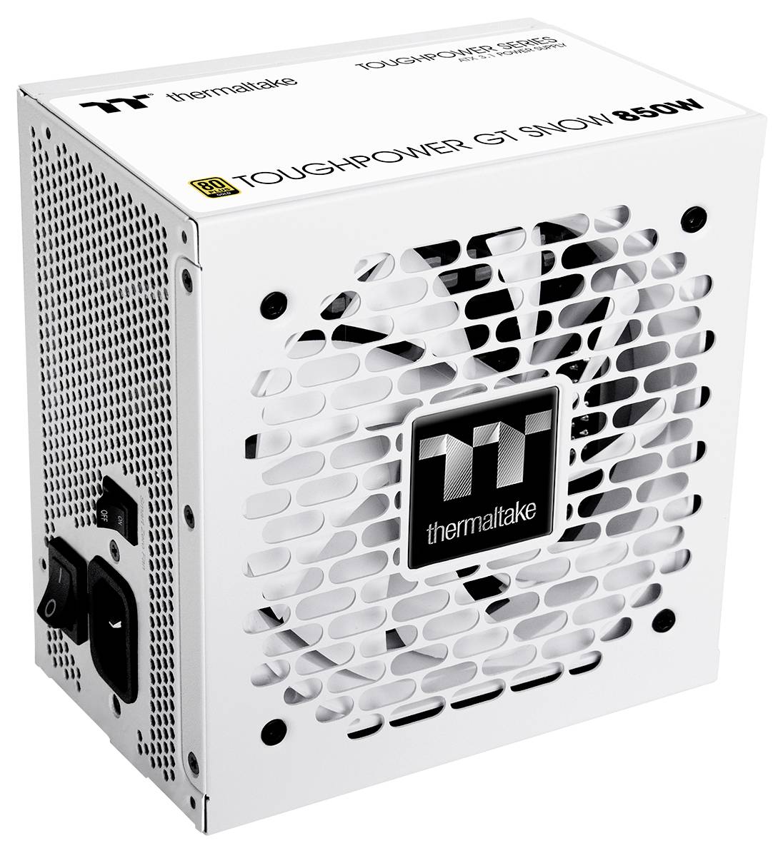 Un bloc d'alimentation Thermaltake Toughpower GT Snow de 850W de couleur blanche, équipé d'un ventilateur de refroidissement, doté de multiples connecteurs pour composants informatiques.