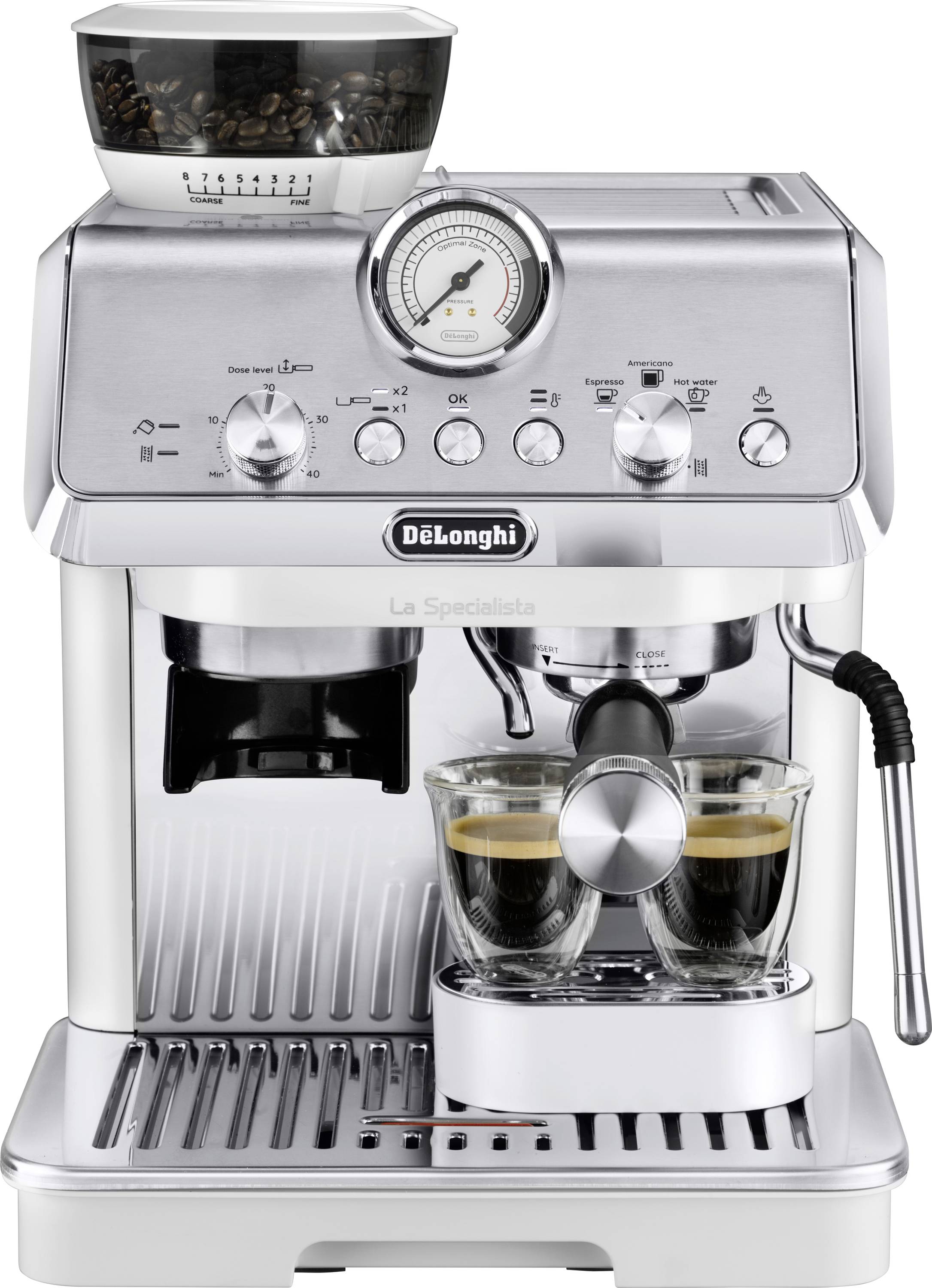 Machine à café préparant deux shots d'espresso, dotée d'un moulin intégré et d'un manomètre, dans un design épuré en acier inoxydable.