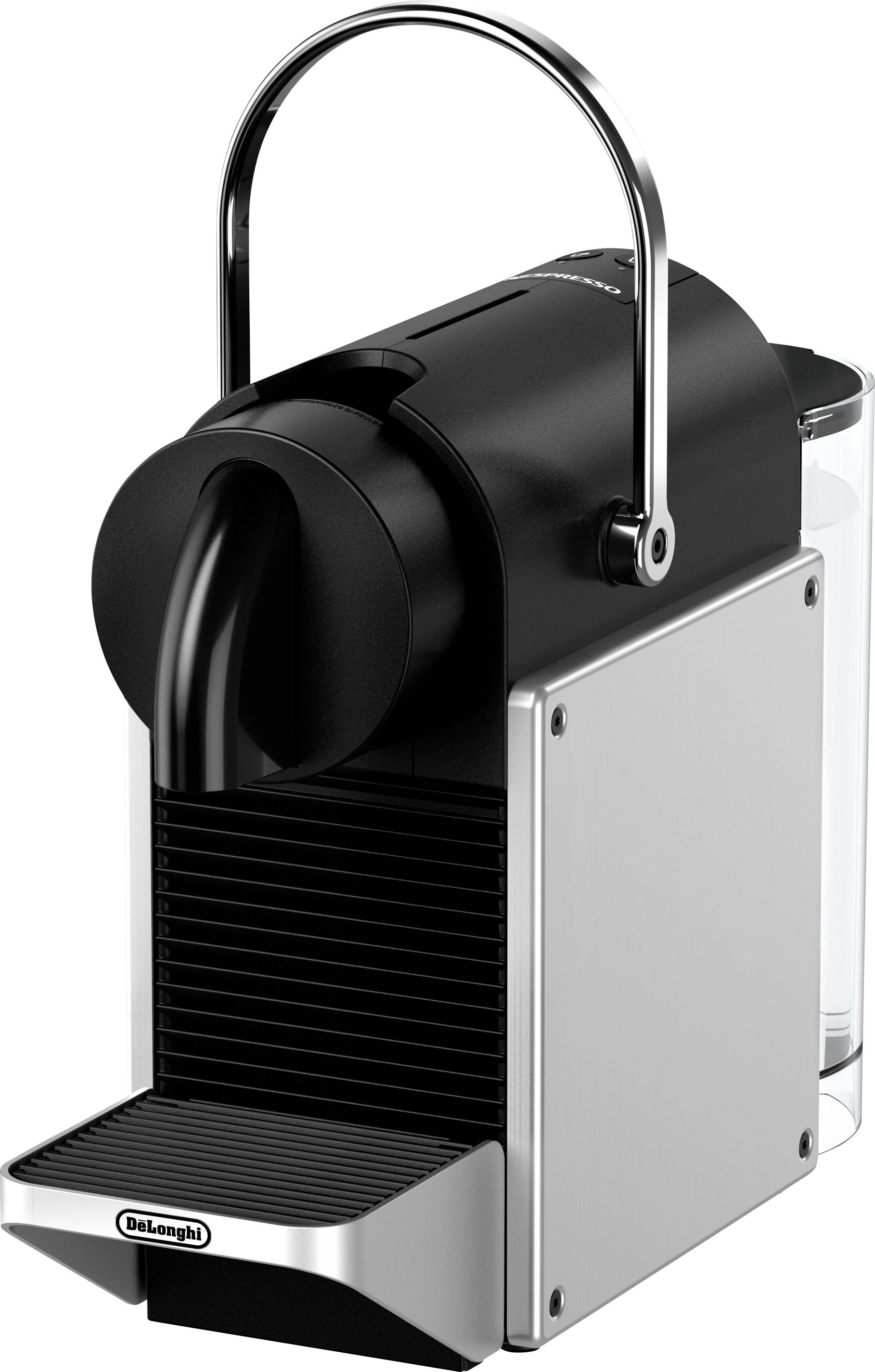 Une machine à café compacte au design élégant noir et argent, dotée d'une poignée sur le dessus et d'un bec verseur pour distribuer le café.