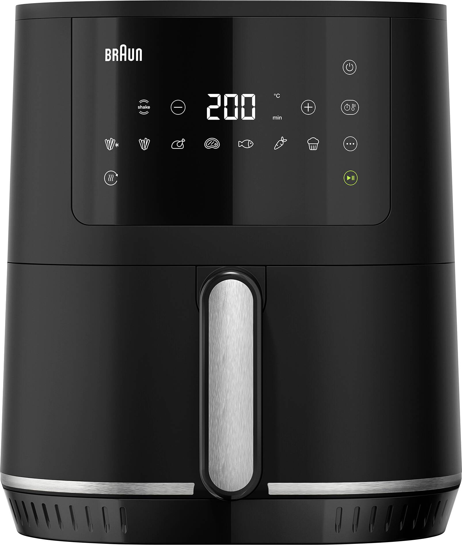 Un air fryer noir avec un affichage numérique indiquant '200°C' et des icônes représentant différents modes de cuisson.