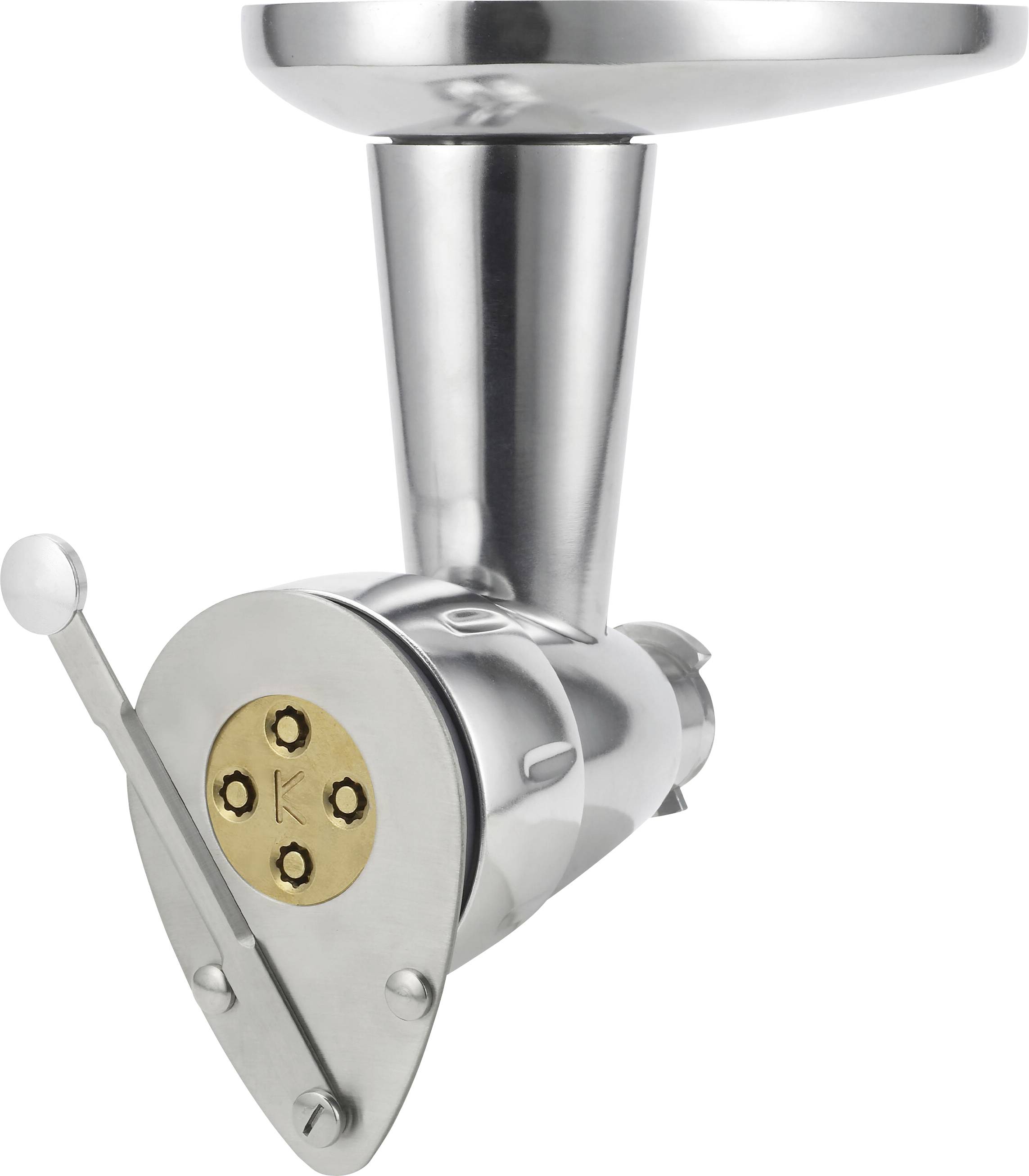 Un accessoire de hachoir à viande en acier inoxydable brillant, doté d'une poignée, d'un disque de coupe rond et d'un grand tube d'alimentation, prêt à l'emploi.