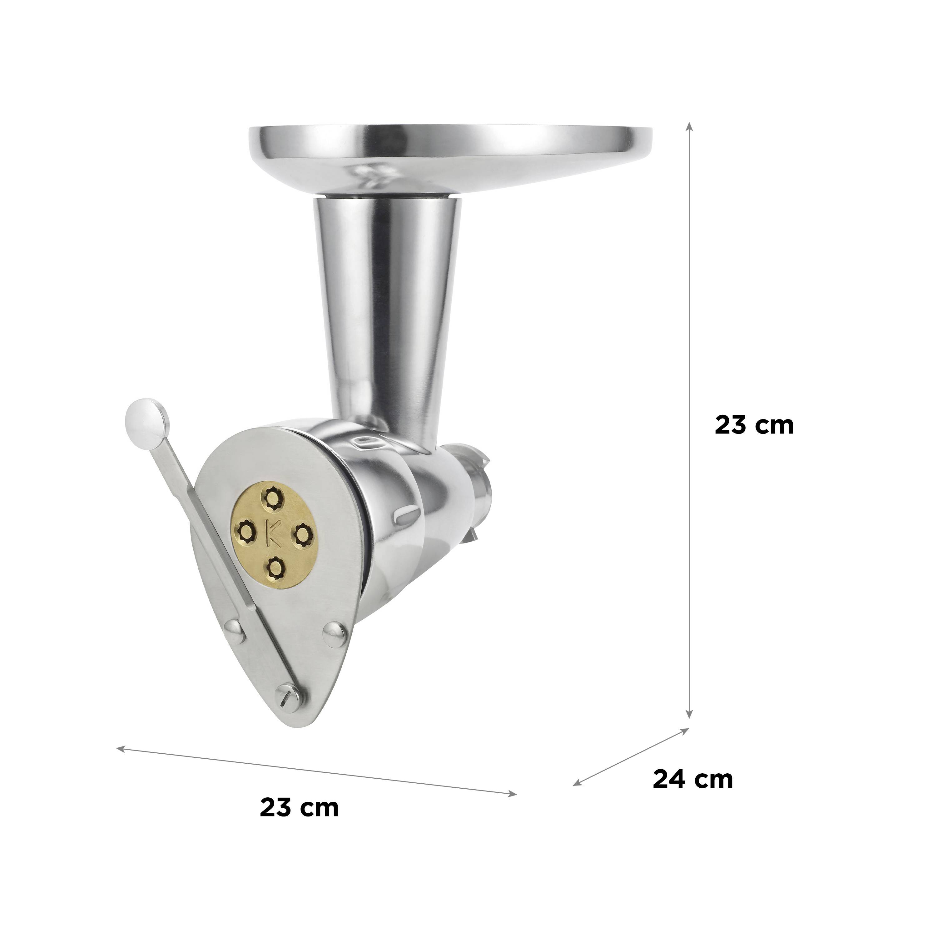 Une machine à moudre métallique avec les dimensions étiquetées : hauteur 23 cm, largeur 23 cm, et profondeur 24 cm. De couleur argent.