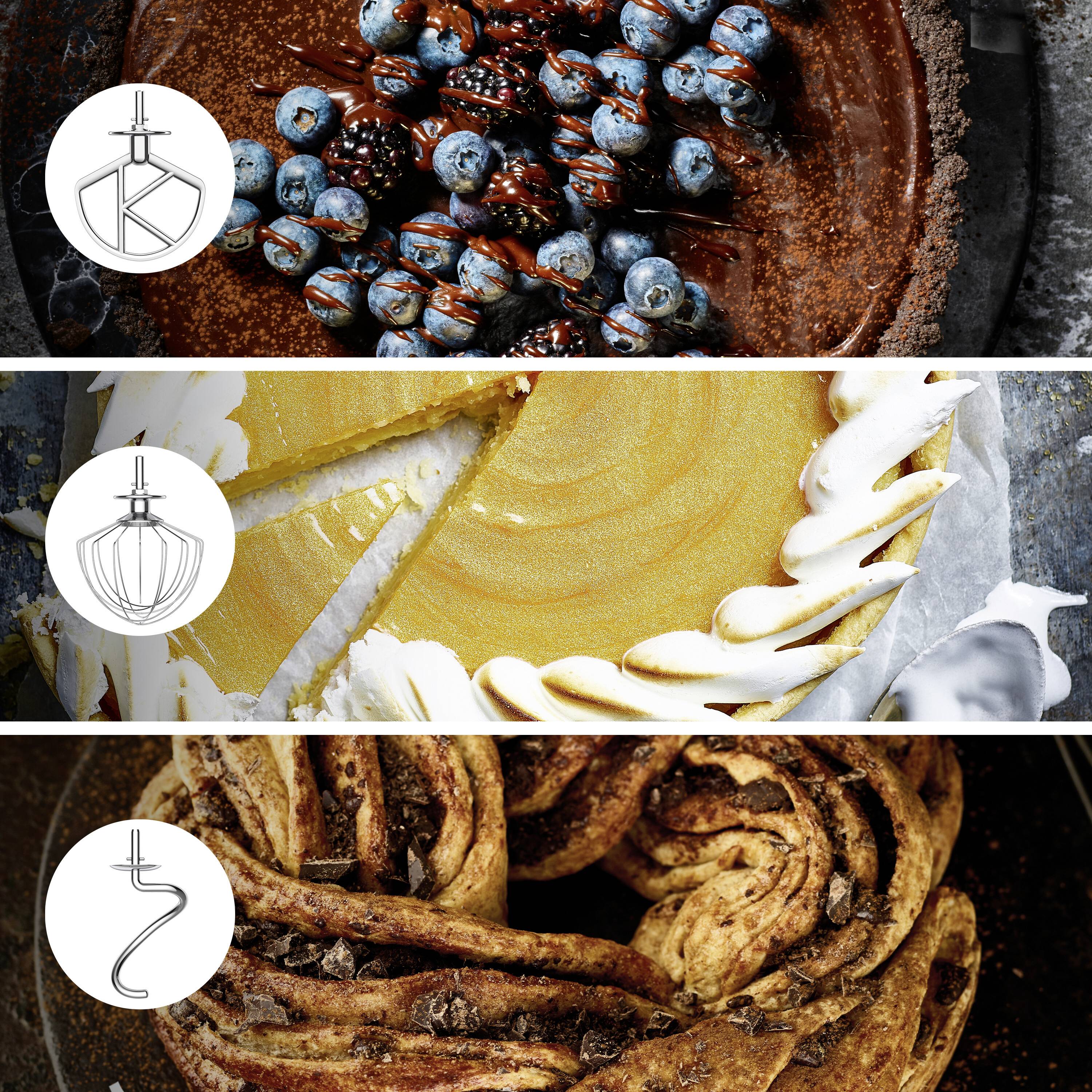 Un collage de trois desserts : une tarte au chocolat avec des baies, une part de tarte au citron meringuée et un pain tressé à la cannelle et au chocolat.