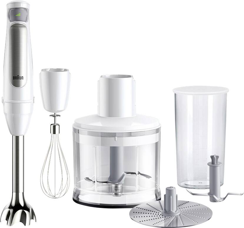 Ensemble de mixeur plongeant avec plusieurs accessoires, comprenant un fouet, un hachoir et un gobelet, conçu pour différentes tâches culinaires.