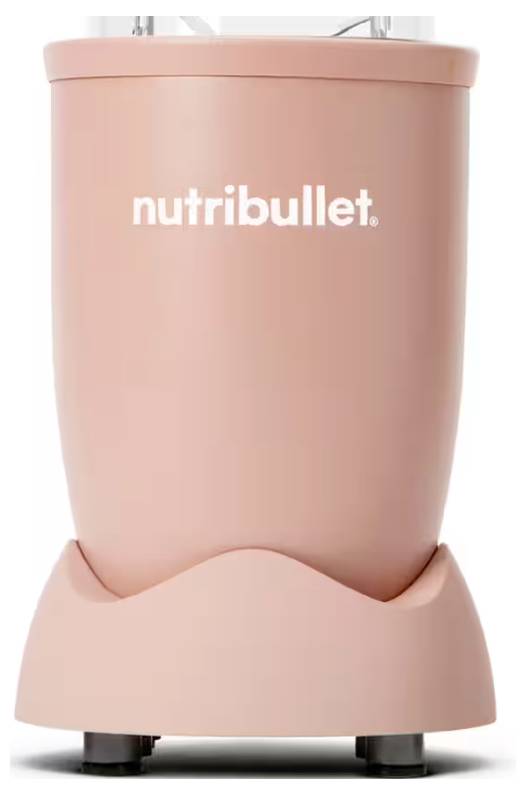 Un blender compact NutriBullet rose avec un design moderne, doté d'une base arrondie.
