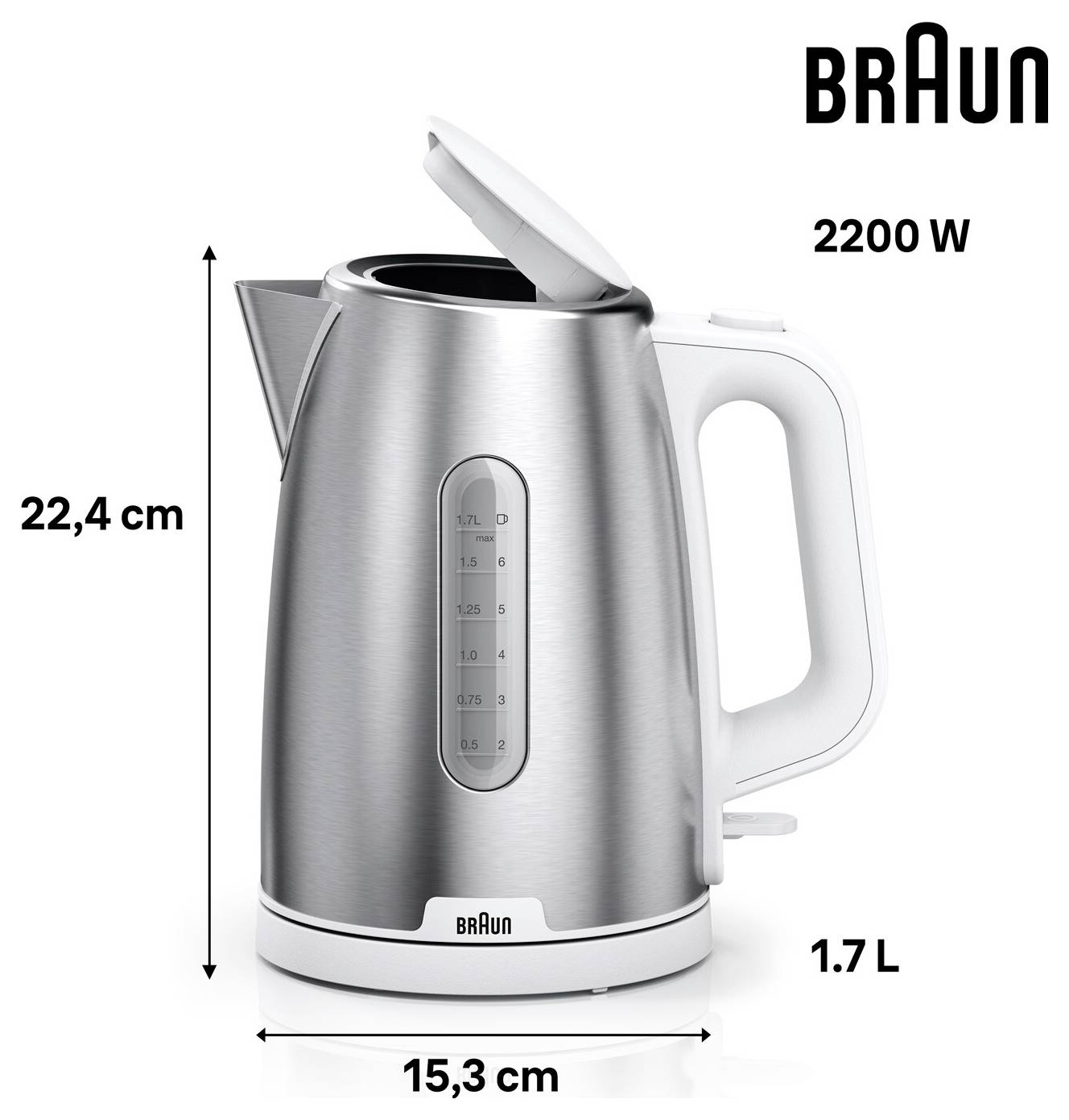 Bouilloire électrique en acier inoxydable, marque 'Braun', capacité de 1,7 L, puissance de 2200 W. Dimensions : 22,4 cm de hauteur, 15,3 cm de largeur. Couvercle ouvert, jauge de niveau d'eau visible.