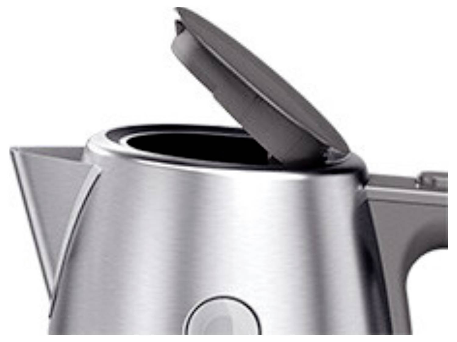 Une bouilloire électrique en acier inoxydable au couvercle ouvert, montrant son bec verseur et sa poignée. Le design est moderne et élégant.