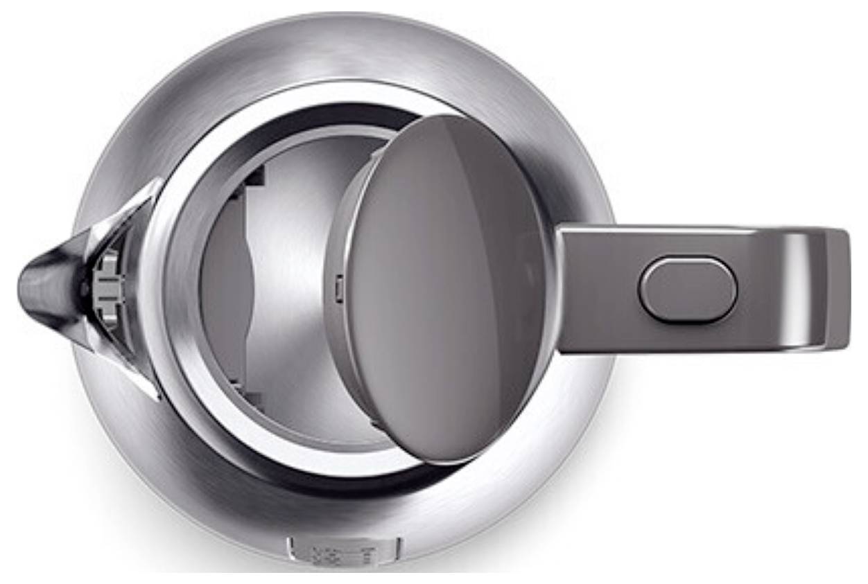 Vue de dessus d'une bouilloire électrique ouverte en acier inoxydable avec un bec verseur visible, une poignée et un élément chauffant interne.