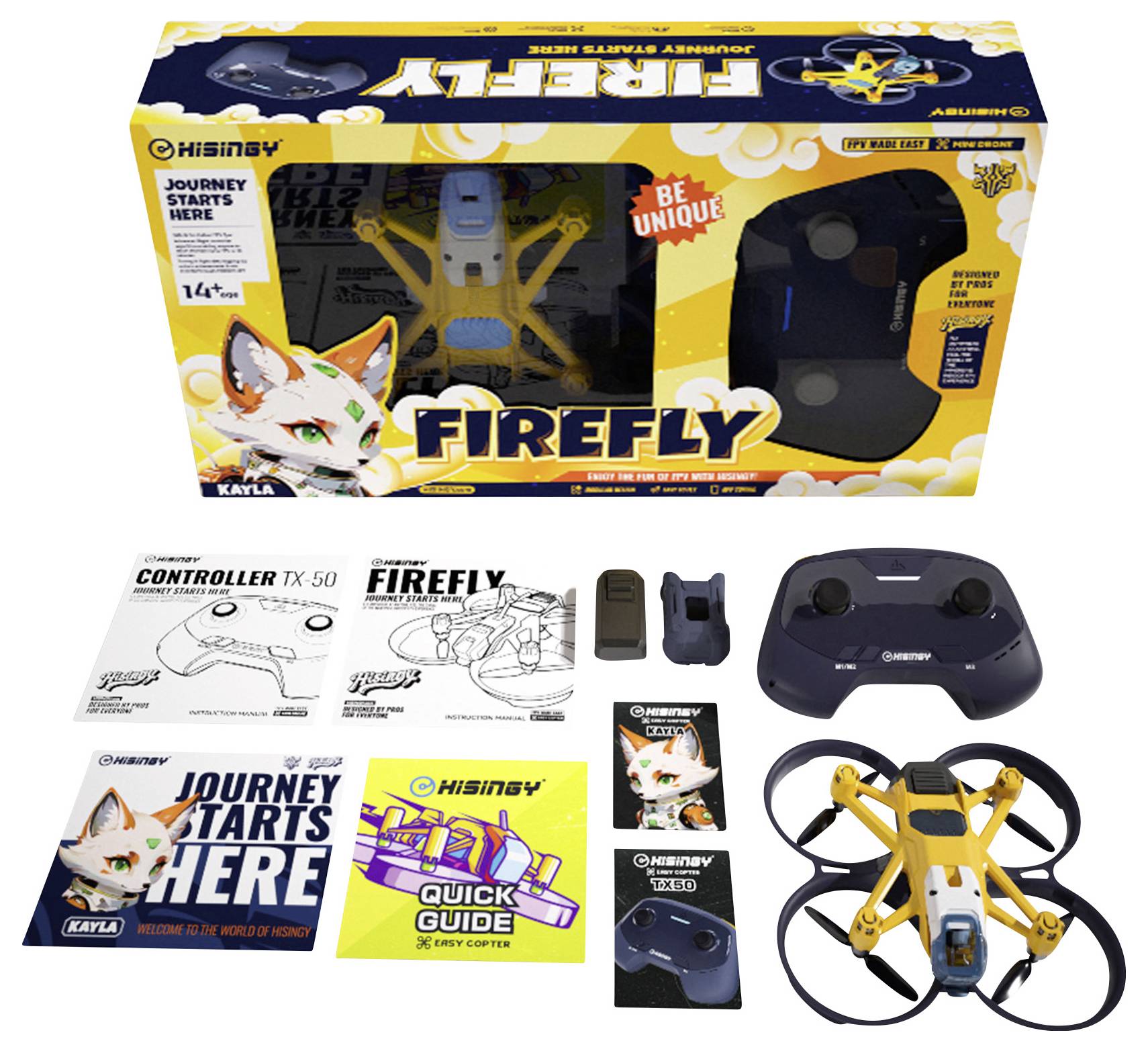 Emballage du drone « Firefly » avec un design jaune et noir, télécommande, drone et manuels affichés. Caractérisé par un personnage renard, marqué « Soyez unique ».