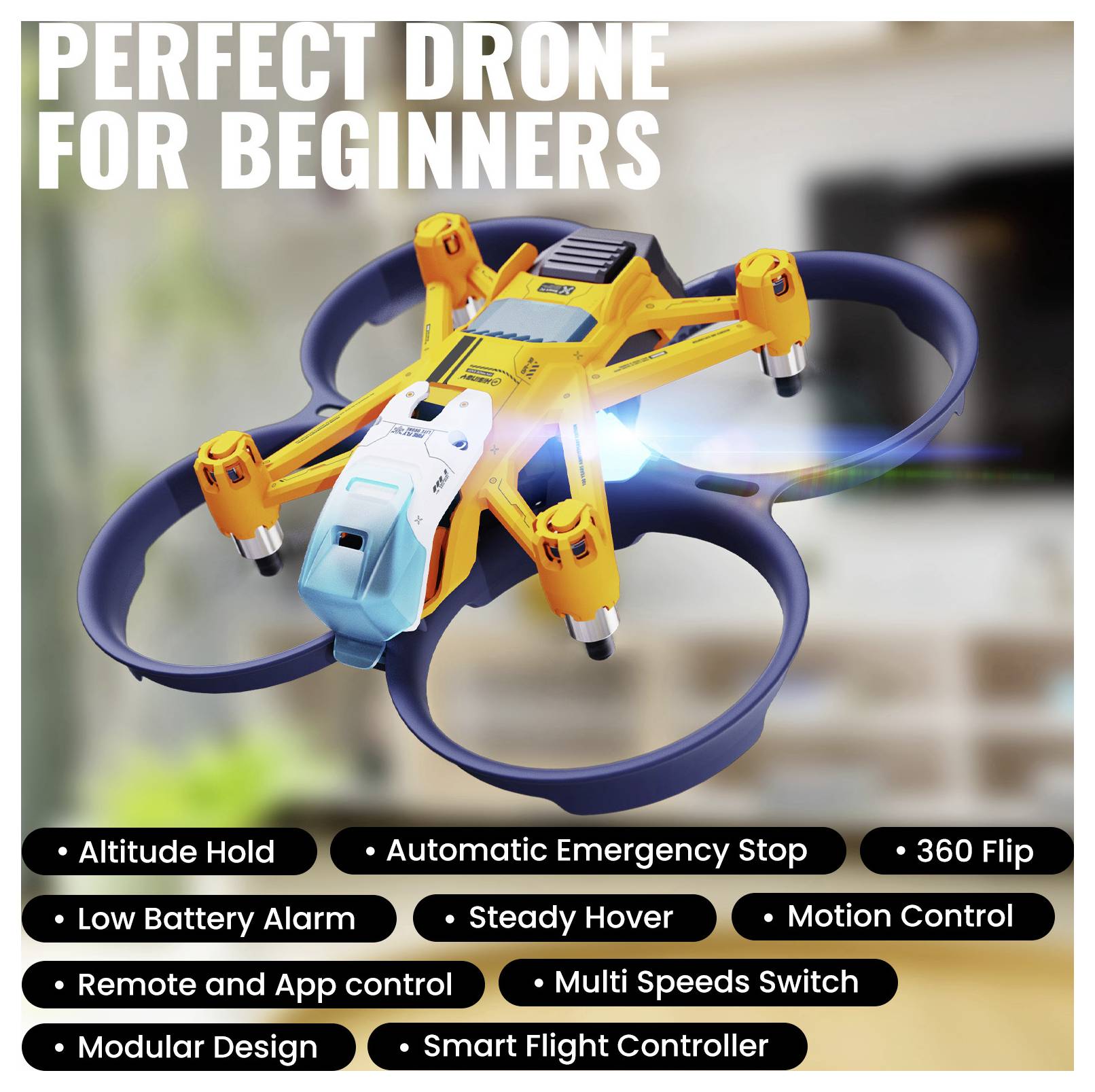 « Drone Parfait pour Débutants » : Les fonctionnalités incluent le maintien d'altitude, l'arrêt d'urgence, le flip à 360 degrés, l'alarme de batterie faible, le vol stationnaire stable et la commande par gestes.