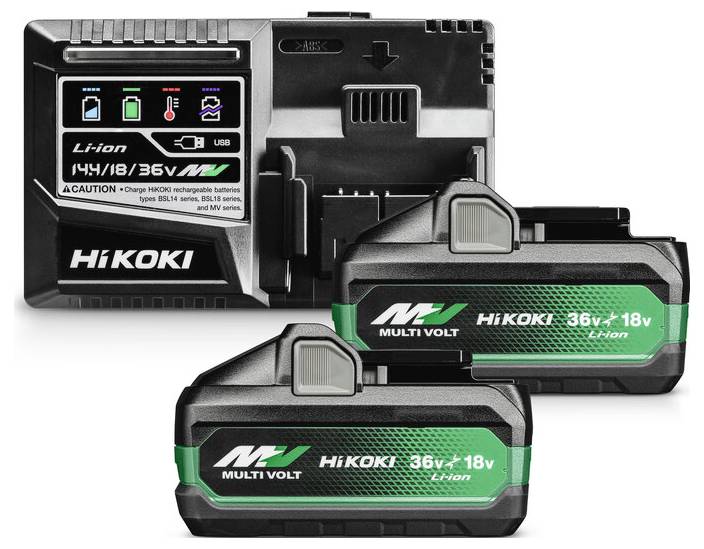 Chargeur HiKoki et deux batteries Li-ion Multi Volt, compatibles avec les outils 36V et 18V. Comprend un port USB pour charger des appareils.