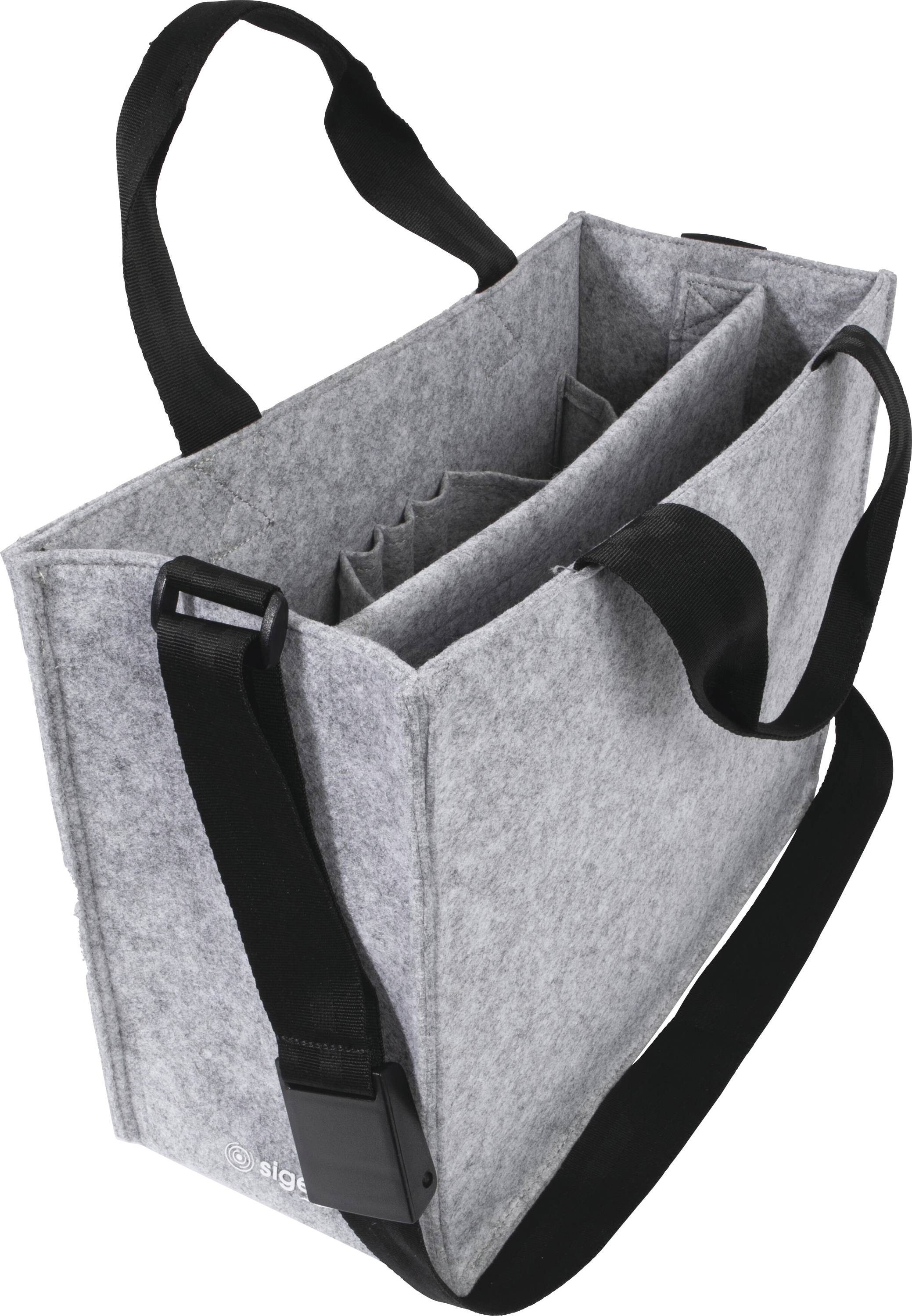 Un sac cabas en feutre gris avec des bretelles d'épaule noires, doté de plusieurs compartiments internes pour organiser les objets.