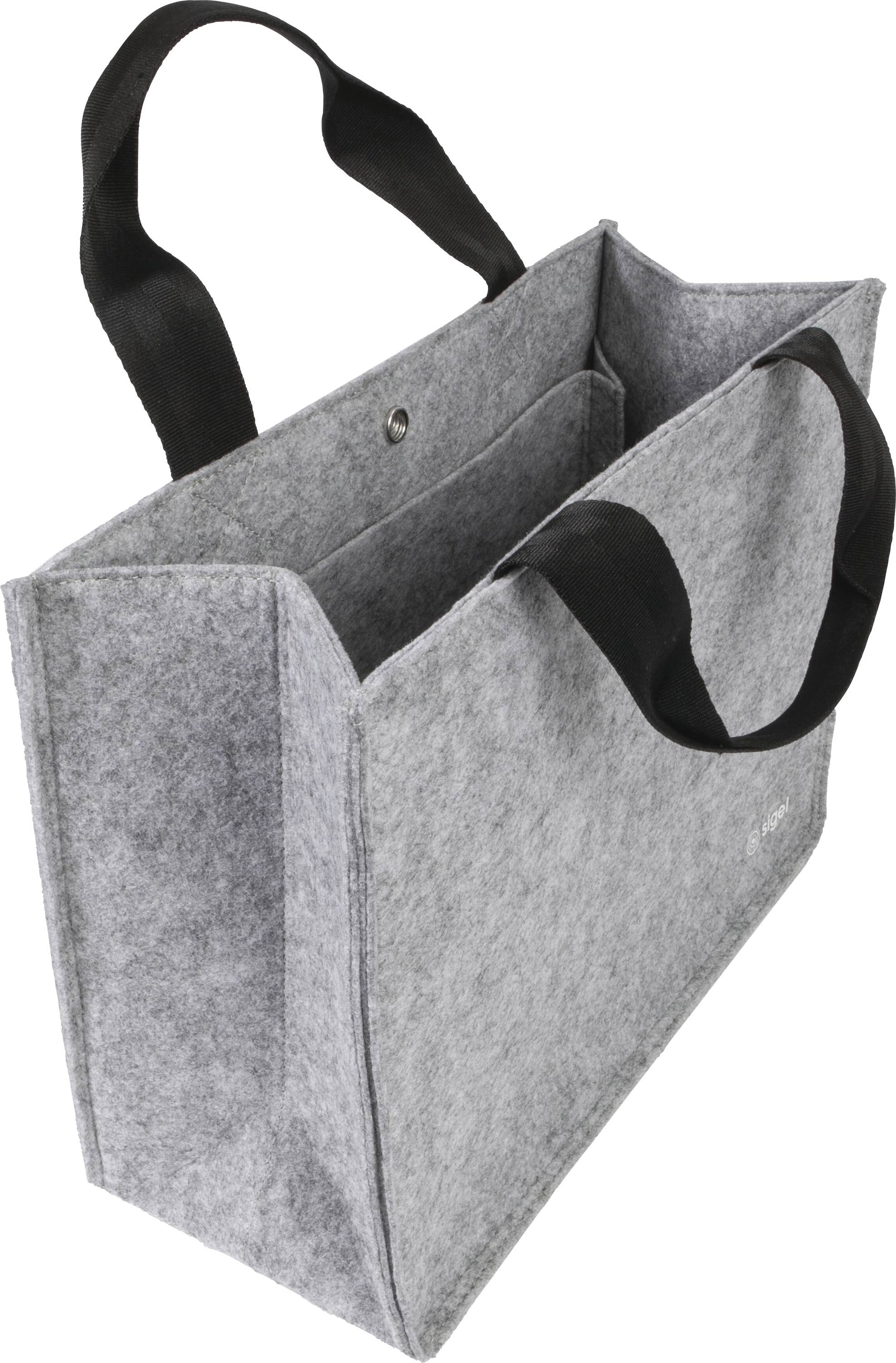 Sac cabas gris en toile avec poignées noires, ouvert au sommet, et doté d'une fermeture par bouton-pression.