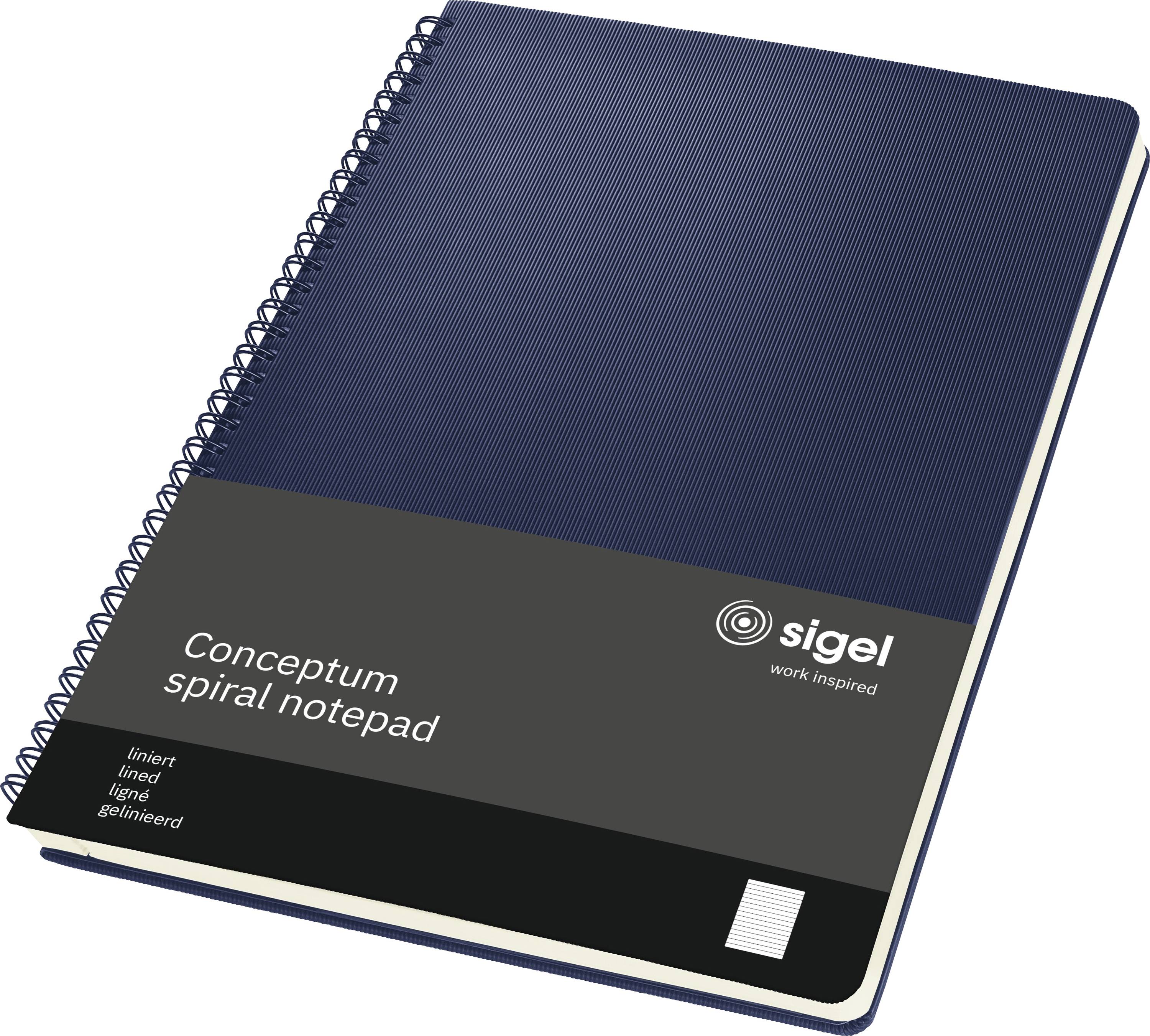 Un bloc-notes à spirales bleu portant l'inscription « Conceptum spiral notepad » et le logo « sigel » sur la couverture, présentant des lignes pour la prise de notes.