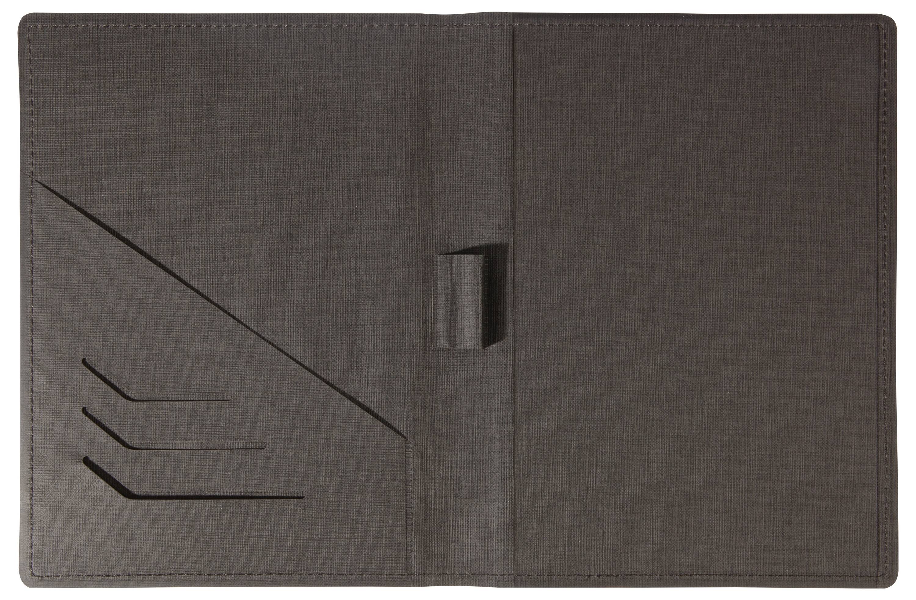 Un porte-documents en cuir noir ouvert avec trois emplacements pour cartes sur la gauche et un porte-stylo au centre.