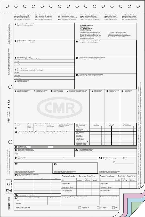Formulaire international de bordereau d'expédition avec champs pour les détails de l'expéditeur, du destinataire, description des marchandises, détails de transport et instructions.