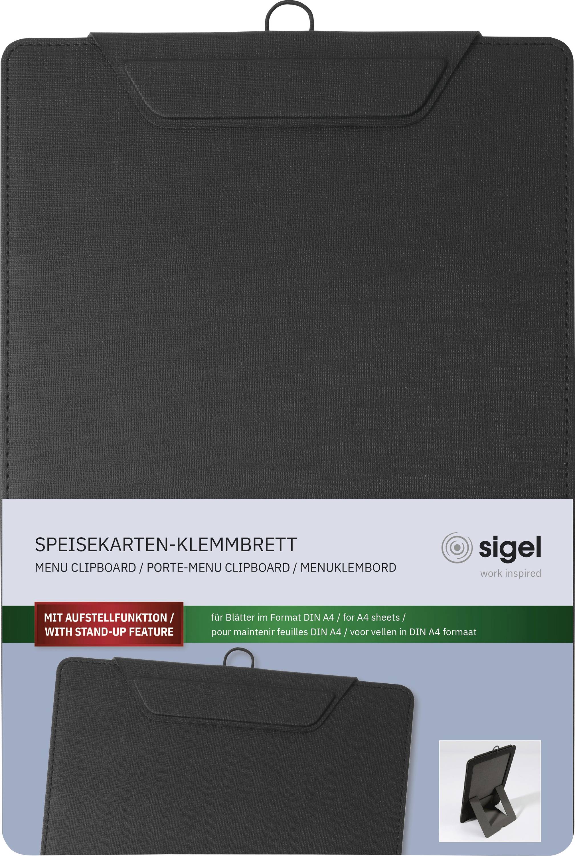 Pince-menu 'Speisekarten-Klemmbrett', un support de menu avec fonction de maintien vertical de Sigel, adapté aux feuilles au format DIN A4, présenté en noir.
