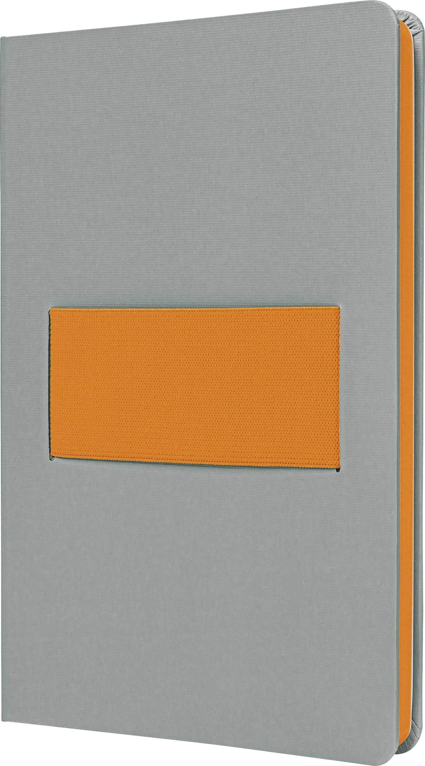 Un carnet relié gris avec une bande rectangulaire orange traversant la couverture.