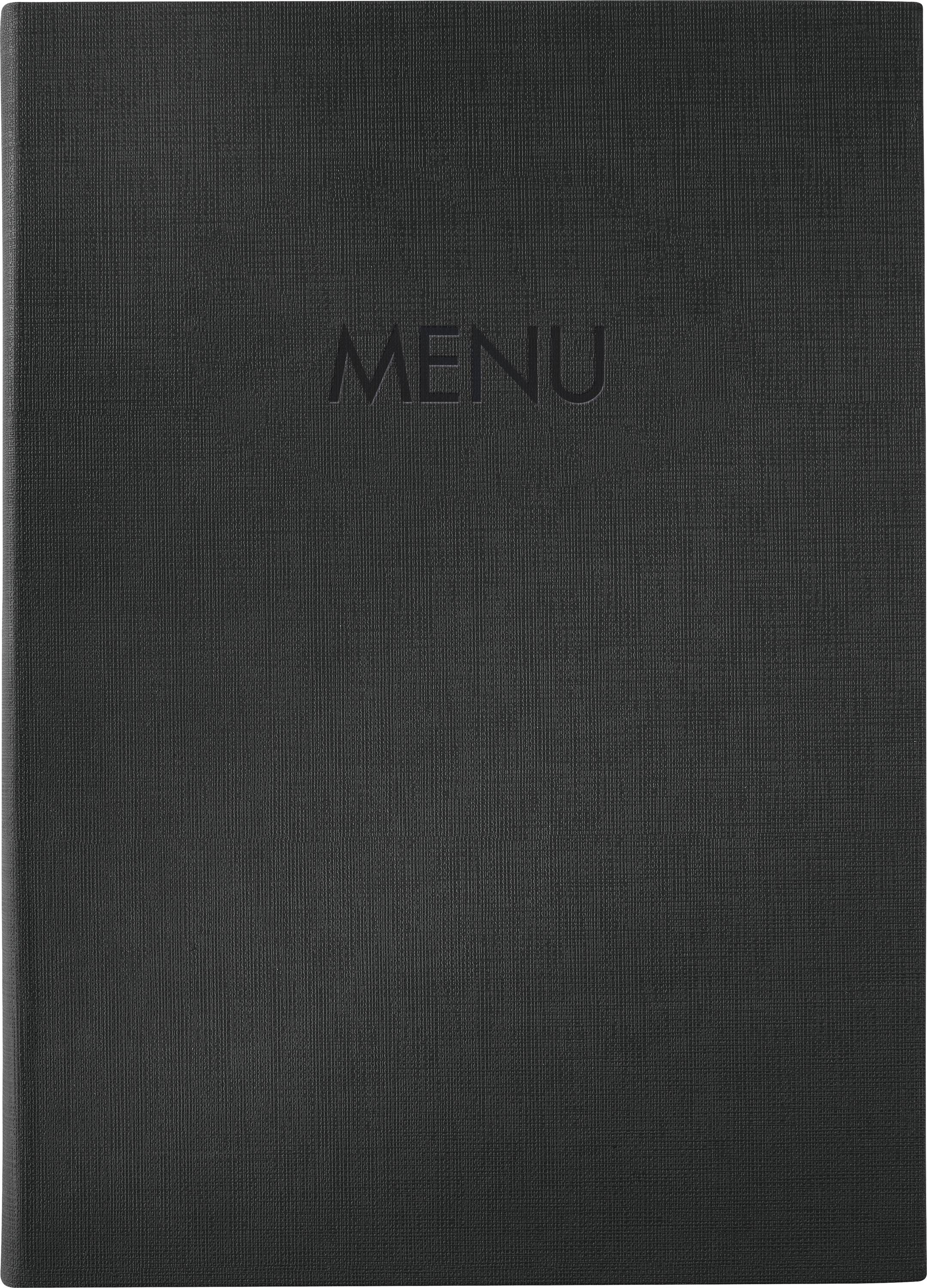 Couverture noire d'un menu avec le mot 'MENU' en relief au centre.