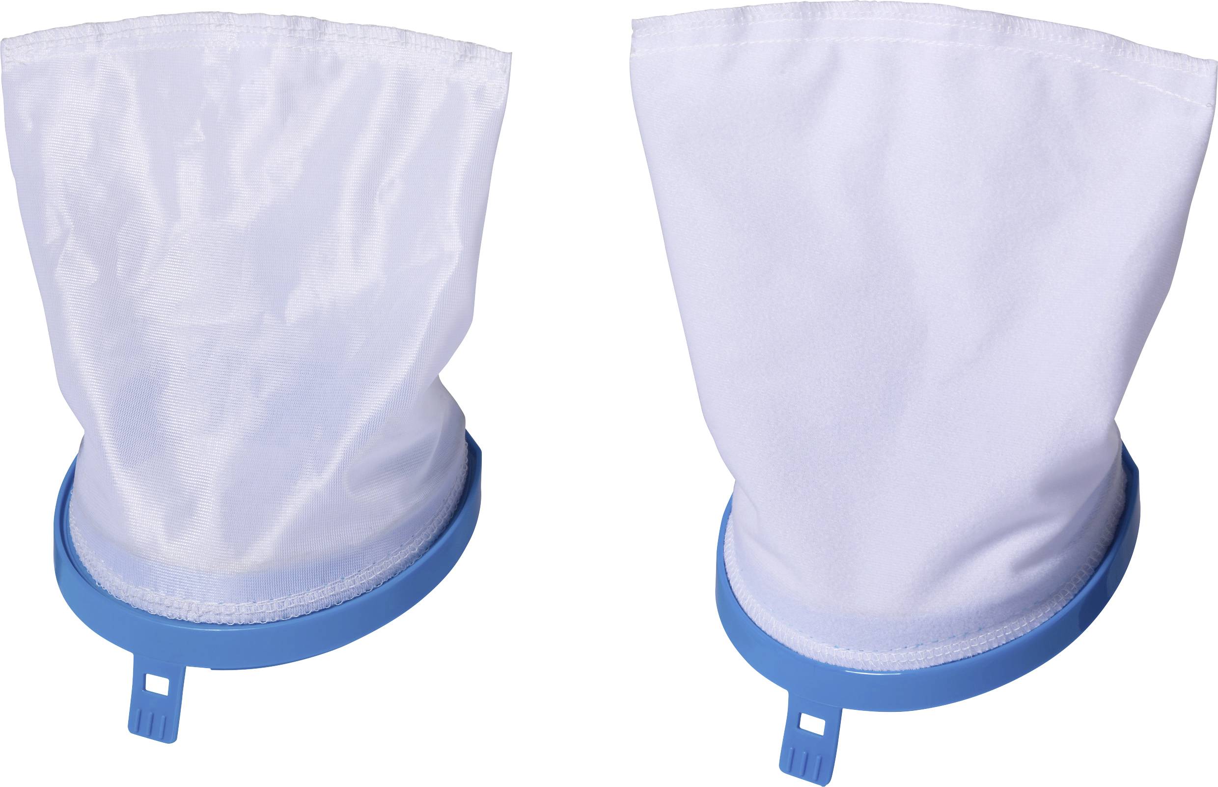 Deux sacs filtrants blancs avec des anneaux bleus placés côte à côte, conçus pour être utilisés dans un système de filtration.
