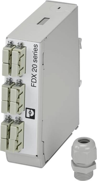 Un module à fibre optique FDX série 20 gris et un presse-étoupe. Le module présente des ports d'entrée étiquetés sur le côté gauche pour la connectivité réseau.