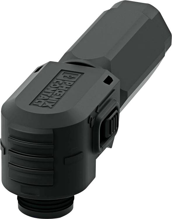 Un connecteur industriel noir au design robuste portant le nom « Phoenix Contact » en relief, utilisé pour des connexions électriques sécurisées.