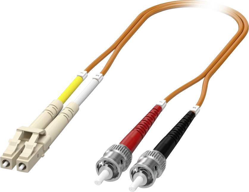 «Câble de raccordement à fibre optique orange avec connecteur LC sur une extrémité et connecteurs ST en rouge et noir sur l'autre extrémité.»
