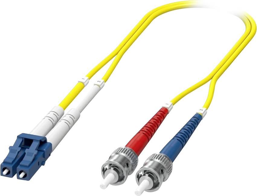 « Un câble à fibre optique jaune avec des connexions doubles et des capuchons de protection bleus et rouges, utilisé pour la transmission de données à haute vitesse. »