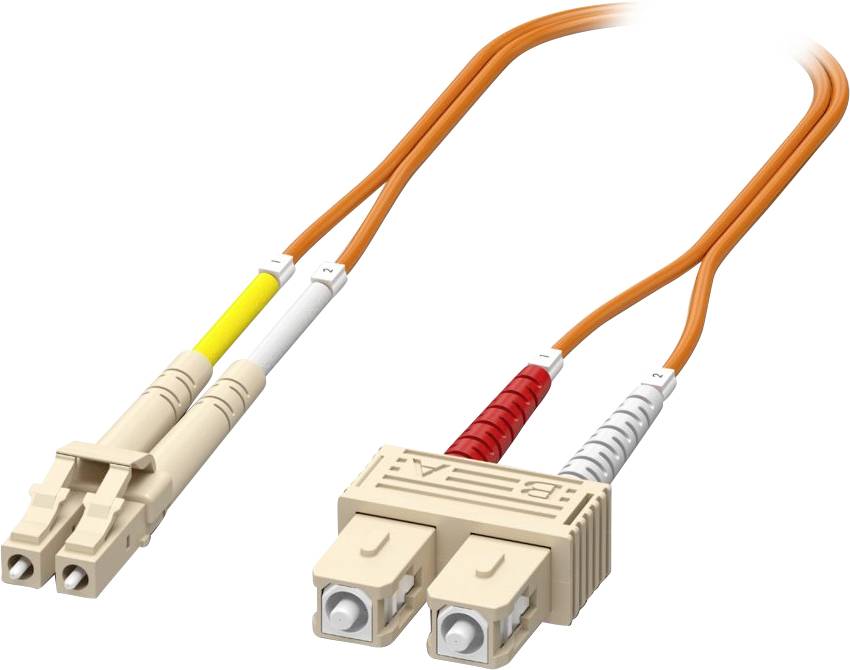 Deux câbles à fibre optique orange avec des connecteurs beiges à chaque extrémité, étiquetés ; couramment utilisés pour la transmission de données.
