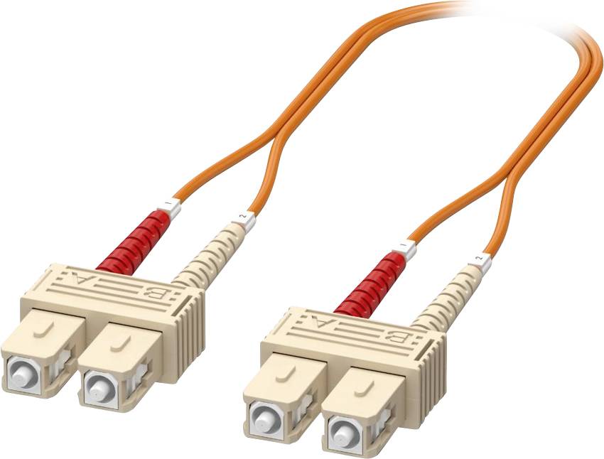 Câble à fibre optique orange avec deux connecteurs beiges à chaque extrémité, utilisé pour la transmission de données dans les télécommunications et les réseaux.