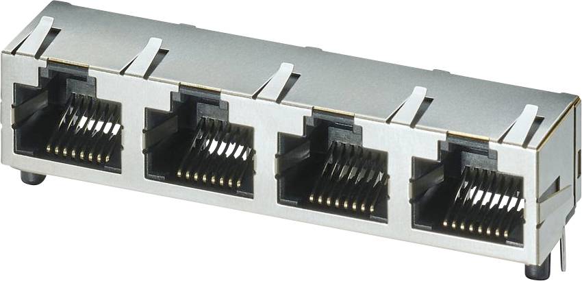 Un composant argenté doté de quatre ports Ethernet, utilisé pour la connectivité réseau, disposés en ligne.