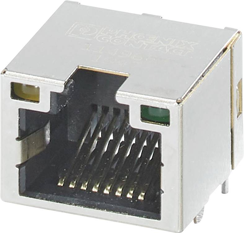 Un connecteur de port Ethernet avec plusieurs broches internes, utilisé pour les connexions de câbles réseau.
