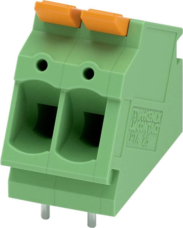 Un bloc de bornes à double broche Phoenix Contact LPTA 2.5 de couleur verte avec deux leviers orange pour les connexions de câblage, utilisé dans les installations électriques.