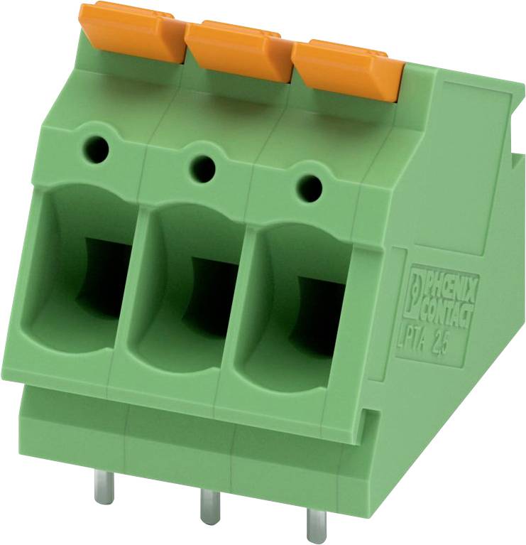 Bornier de contact Phoenix de couleur verte avec trois leviers oranges, utilisé pour connecter des fils électriques, présentant trois points de connexion.