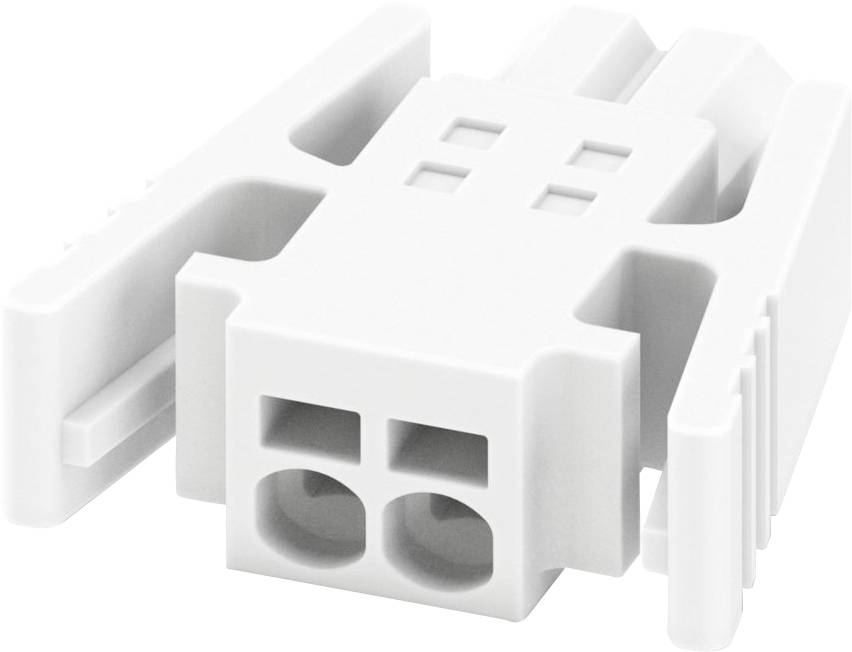 Un connecteur électrique blanc avec deux ports circulaires et des clips latéraux, utilisé pour raccorder des câbles dans des dispositifs électroniques.