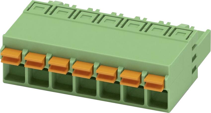 Un connecteur électrique vert à huit emplacements, chacun doté d'un levier orange pour sécuriser les fils. Utilisé pour connecter des circuits.