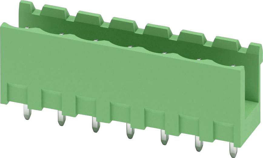 Un connecteur électronique vert avec plusieurs broches métalliques.