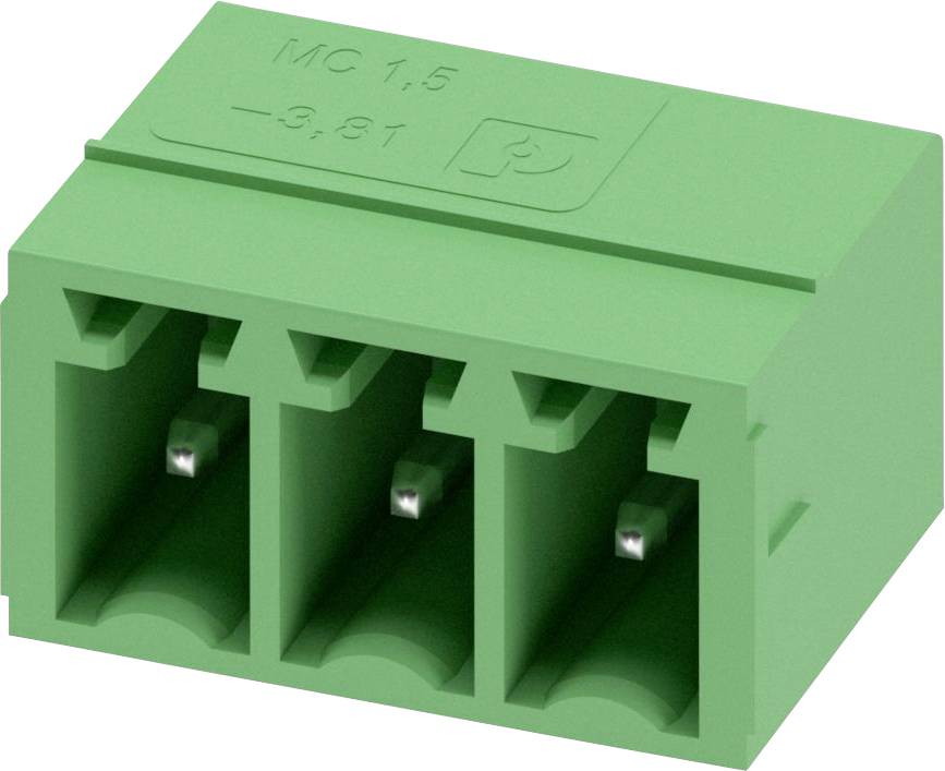 Connecteur de bornier vert avec trois emplacements, étiqueté « MC 1,5 - 3,81 » sur le dessus. Utilisé pour les connexions électriques.