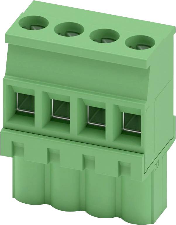 Un connecteur de bloc de bornes à 4 broches de couleur verte, avec une base rectangulaire, conçu pour des applications de câblage électrique.