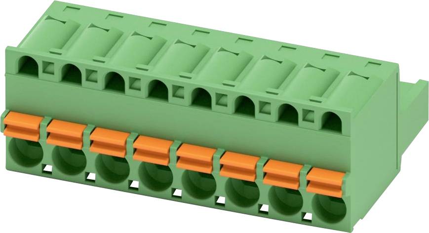 Barrette de connexion électrique verte et orange avec plusieurs points de connexion.