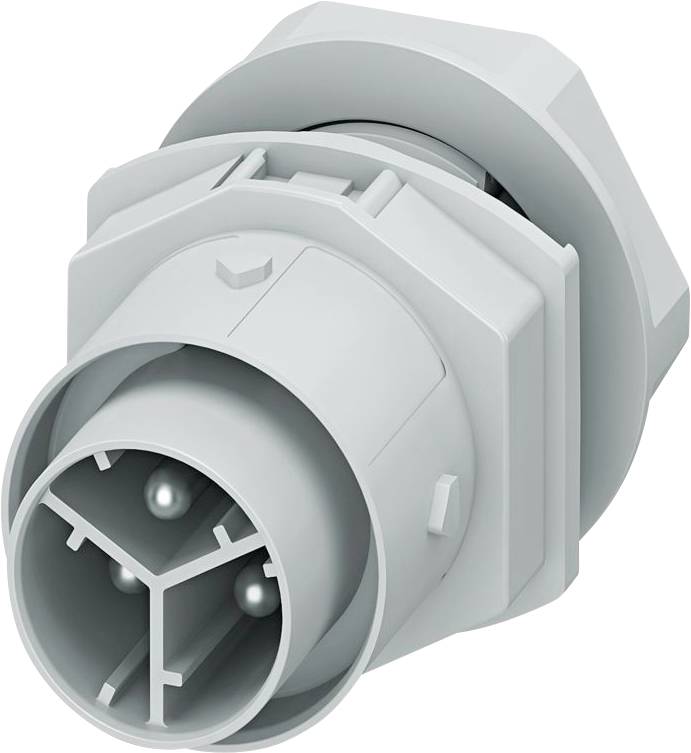 Un connecteur industriel gris avec trois broches métalliques visibles à l'intérieur, présentant une base hexagonale et un design robuste et résistant.