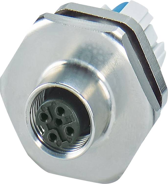 Un connecteur circulaire métallique doté de plusieurs broches, conçu pour assurer la connectivité des appareils électroniques. Sa conception robuste garantit des connexions sécurisées.