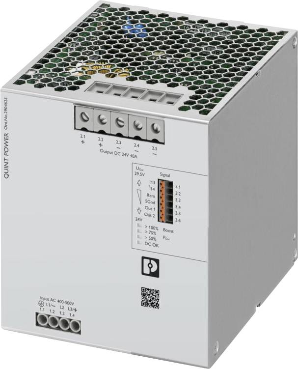Bloc d'alimentation AC/DC 'QUINT POWER' avec bornes d'entrée et de sortie, indicateurs de statut et grille de ventilation sur le dessus, utilisé pour l'équipement électrique.