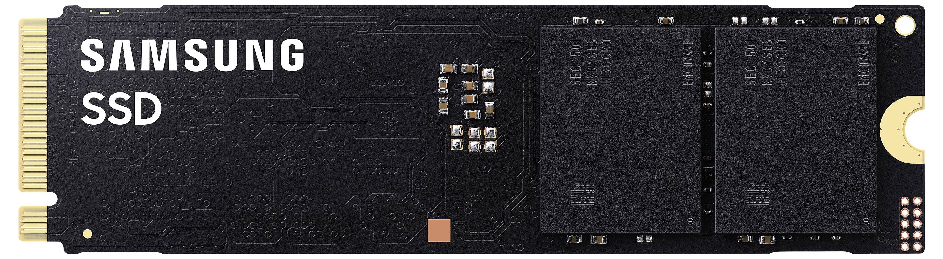 « Un SSD Samsung avec un circuit imprimé noir et un connecteur doré, présentant deux puces principales et plusieurs composants plus petits. »