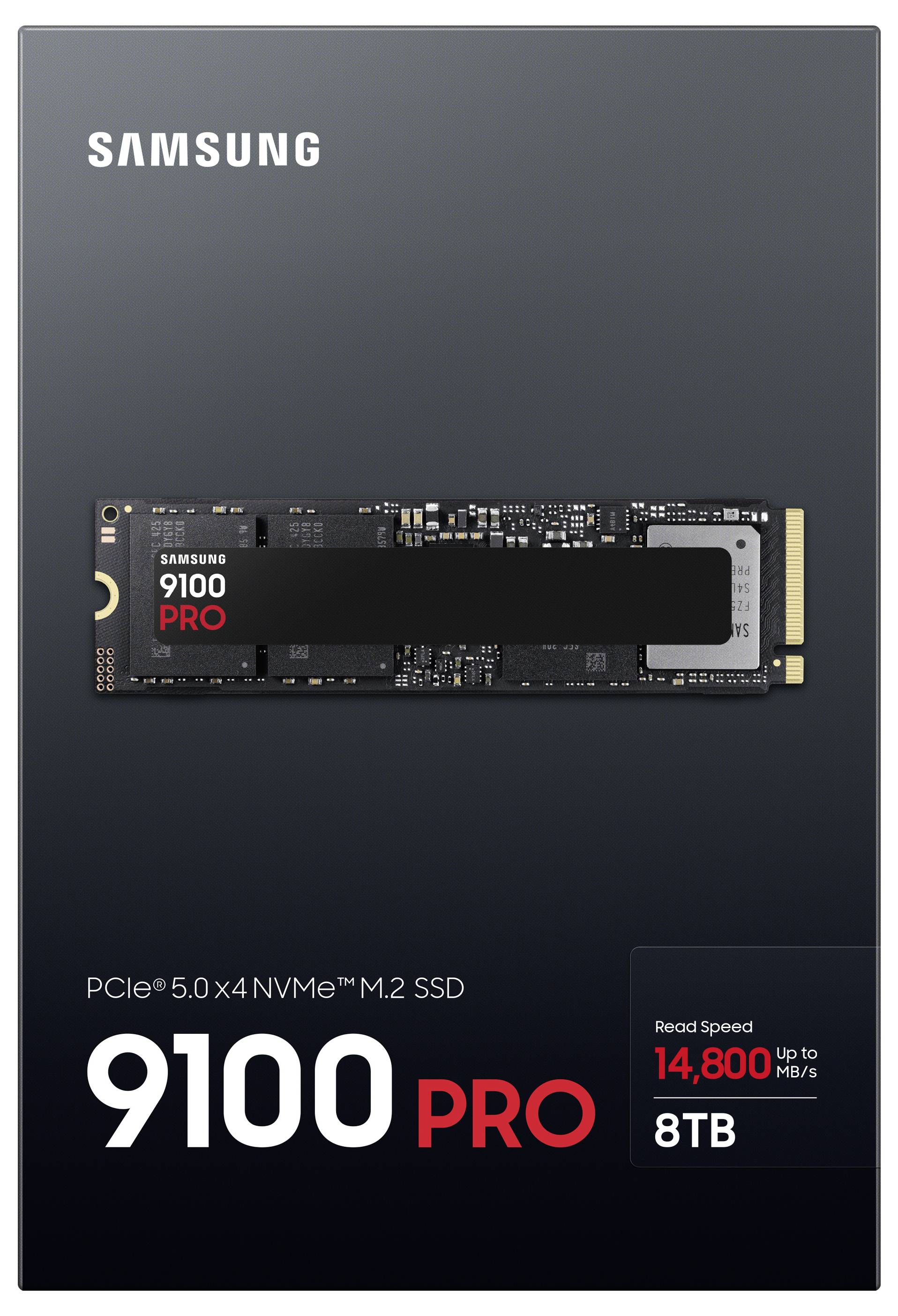 'Samsung 9100 PRO PCIe 5.0 x4 NVMe M.2 SSD, vitesse de lecture jusqu'à 14 800 Mo/s, capacité de 8 To.'