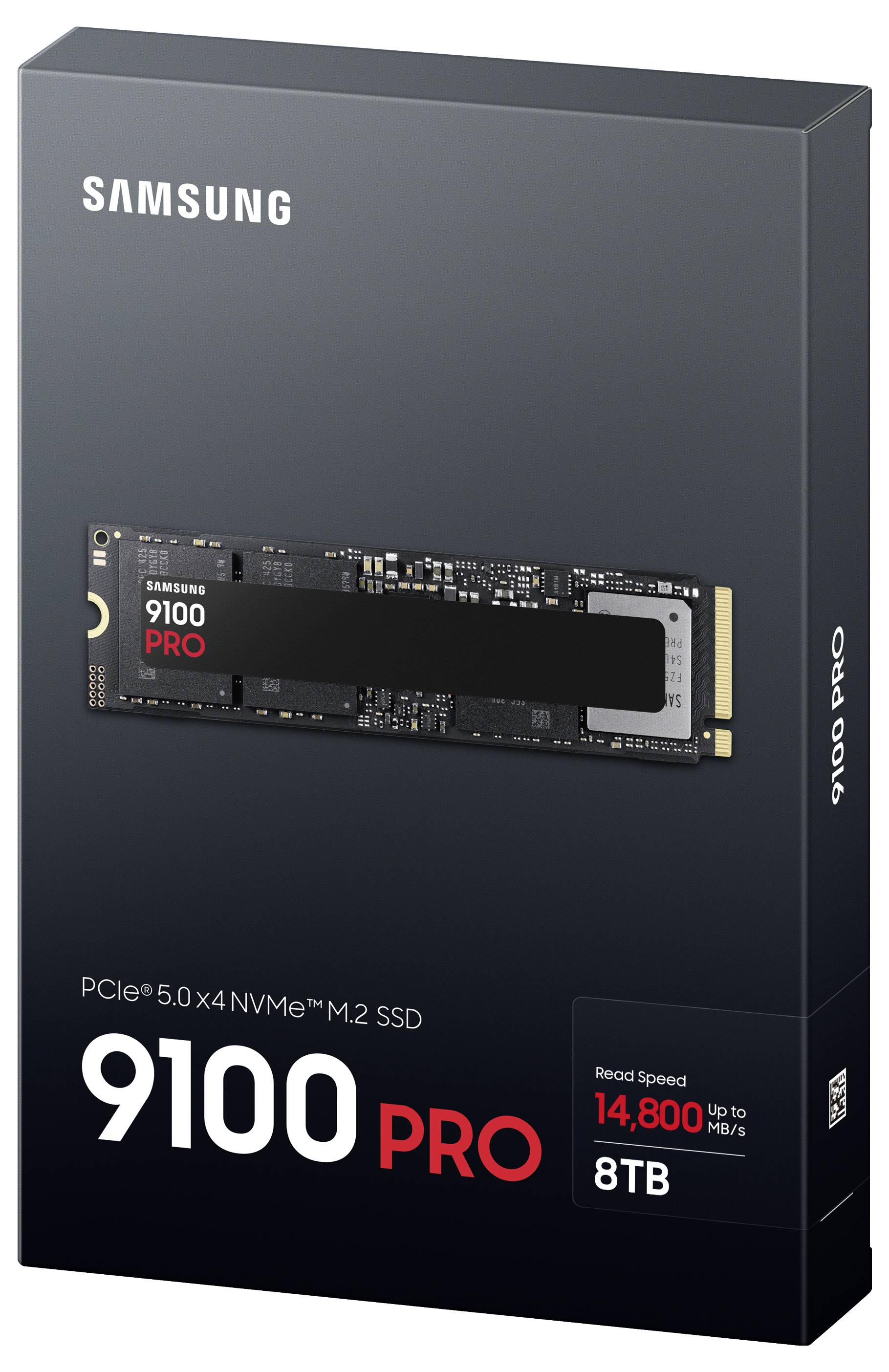 Samsung 9100 PRO PCIe 5.0 x4 NVMe M.2 SSD présentant un emballage avec une capacité de 8 To. Met en avant une vitesse de lecture allant jusqu'à 14 800 Mo/s.