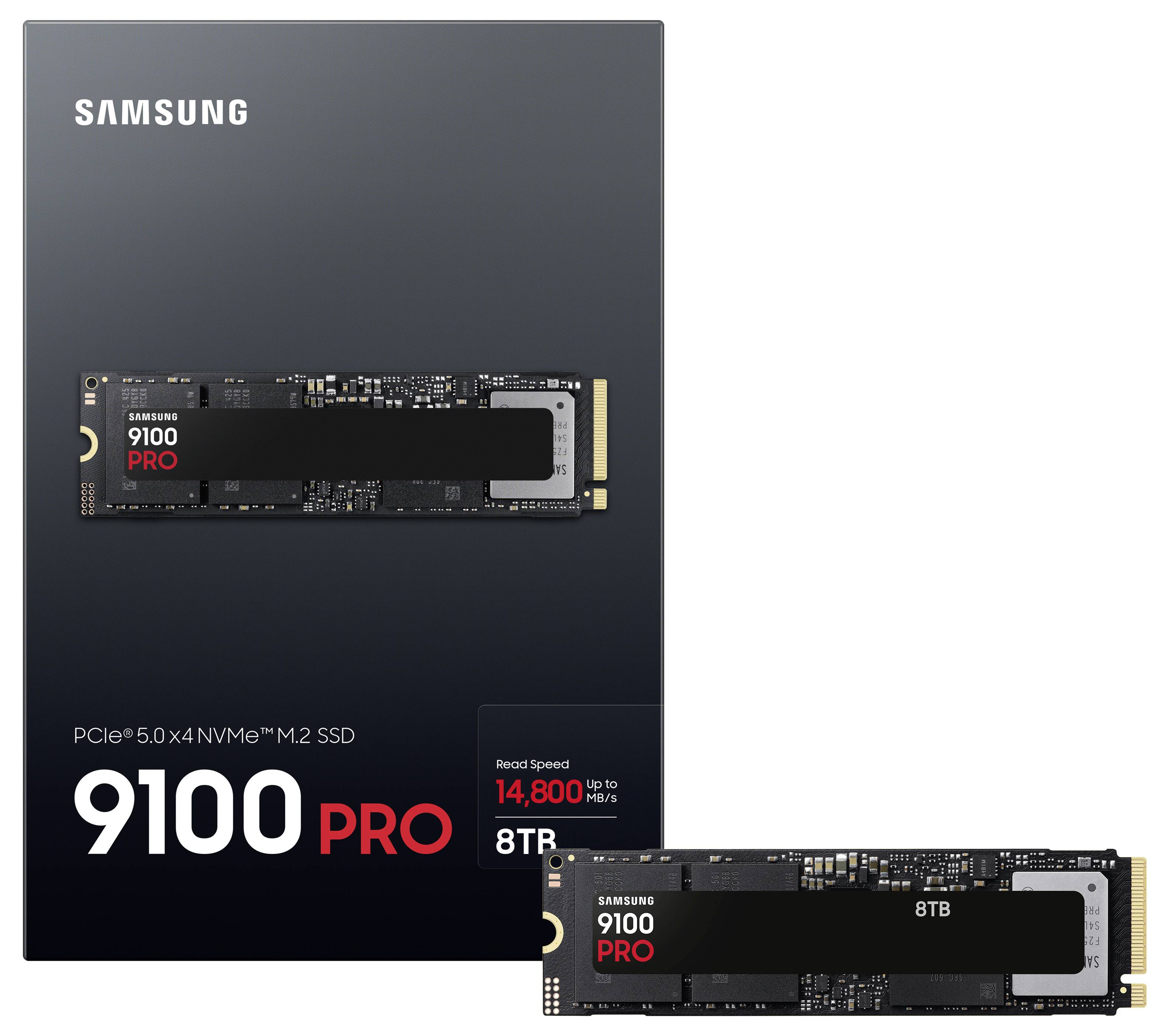 L'image présente le Samsung 9100 PRO 8 To PCIe 5.0 x4 NVMe M.2 SSD avec une vitesse de lecture allant jusqu'à 14 800 Mo/s. L'emballage et le SSD sont tous deux présentés.